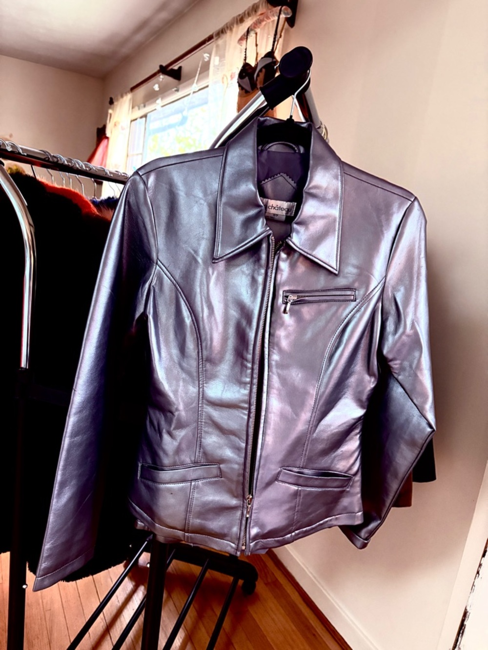 Vintage Le Château 2Pc Silver Metallic Faux Leather Jacket & Pants Set Sz:Small